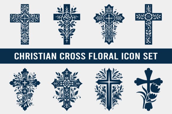Christian Cross Icon Floral Set for Crafts and Graphics